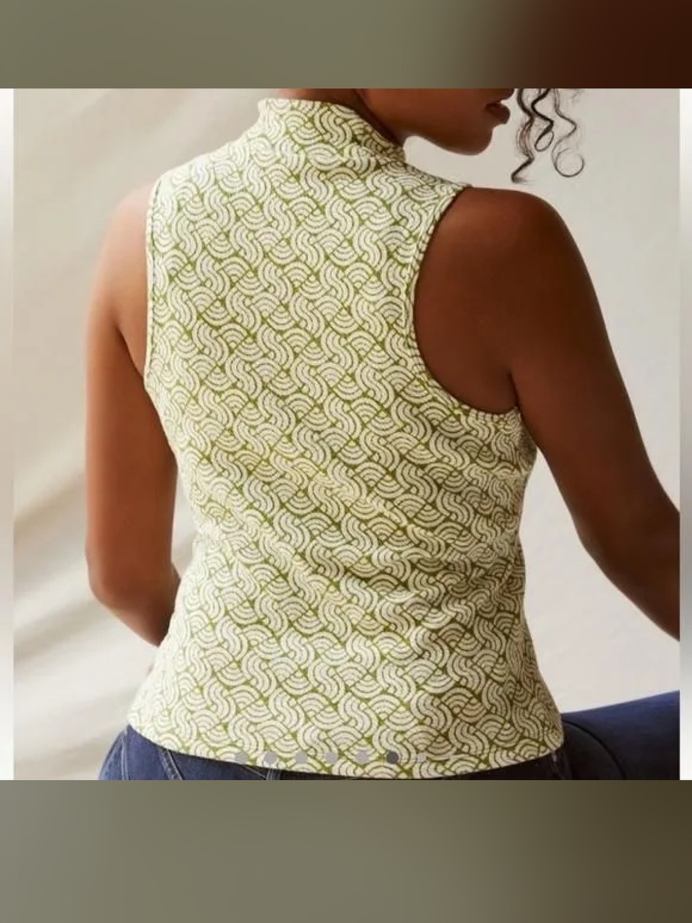 Maeve Anthropologie Green White Geometric Wave Mock Neck Sleeveless Top XL